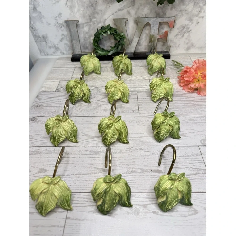 Set of 23 Green Leaves Shower Curtain Hooks Vintage Gold Tone Metal‎ Nature GUC